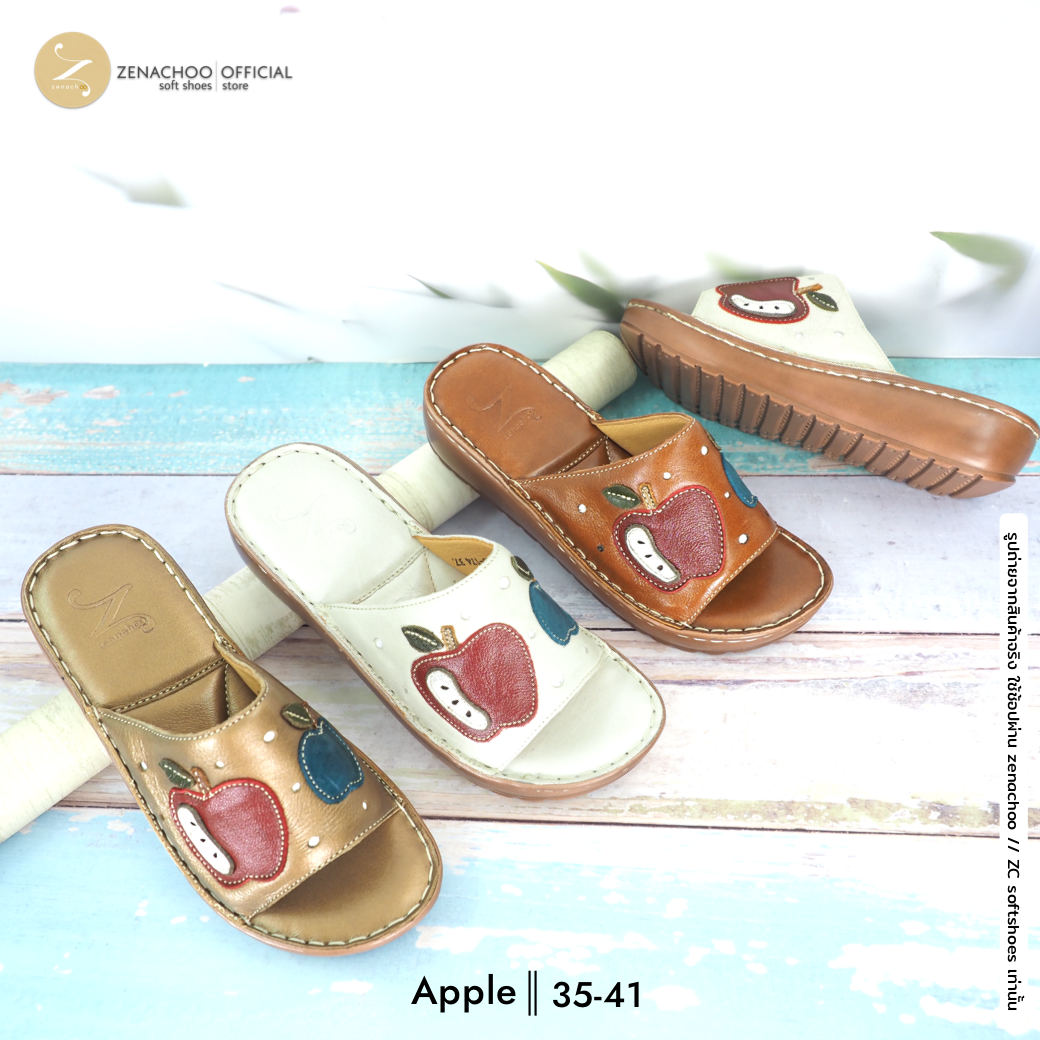 ทรงปกติ เปลี่ยนไซส์ได้-ไม่รับคืน Zenachoo รองเท้าสุขภาพ หนังแท้ทั้งคู่ รุ่น Apple สูง 1.5 นิ้ว หน้าสวม รับประกันความนุ่มสบาย