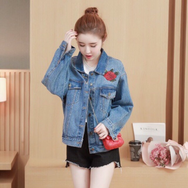 เสื้อยีนส์ แจ็คเก็ตยีนส์ ปักลายนกกระเรียนและดอกไม้