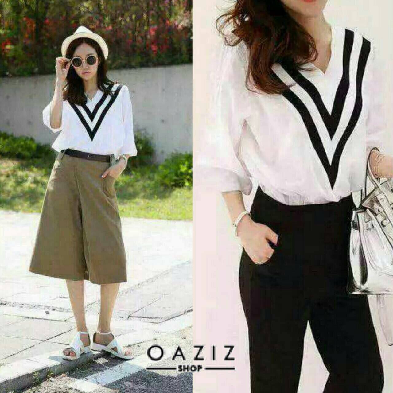 New in..เสื้อคอวี ตัดลายวีสองชั้น ผ้าทิ้งตัวใส่สบาย style korea