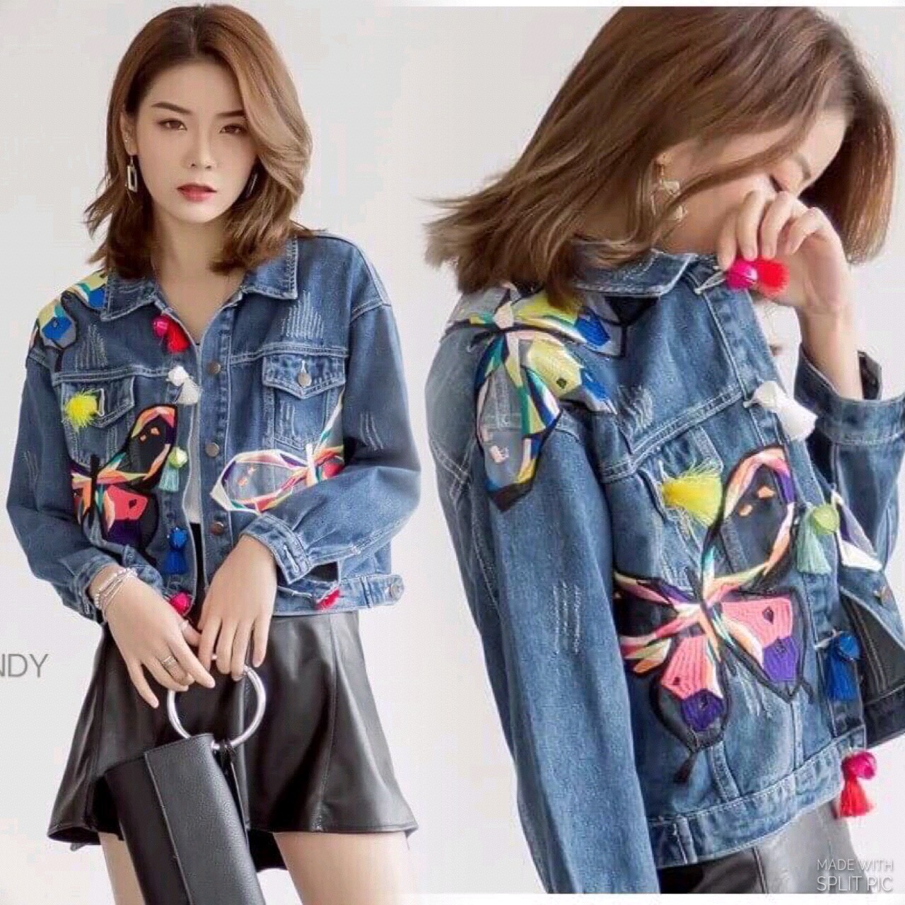 Butterfly Mosaic Embroidery Denim Jacket แจ็คเก็ตยีนส์ปักลายผีเสื้อลายปักใช้สีสลับสวยมากๆ
