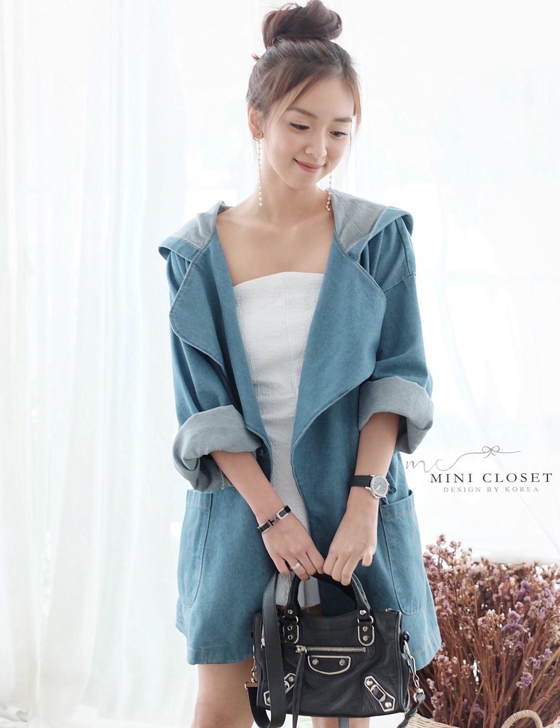 เสื้อคลุมยีนส์แขนยาวปกใหญ่มีฮู้ดน่ารักๆ