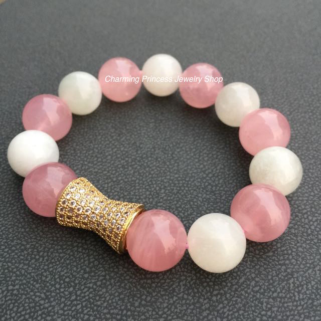 Rose Quartz Madagascar AAA+ โรสควอตซ์ มาดากัสการ์ 13 มม AAA+ รักและให้อภัย Moonstone มูนสโตน 12 มม ประดับ CZ รูปโบว์สไตล์คุณหนูน่ารักน่าทะนุทนอม