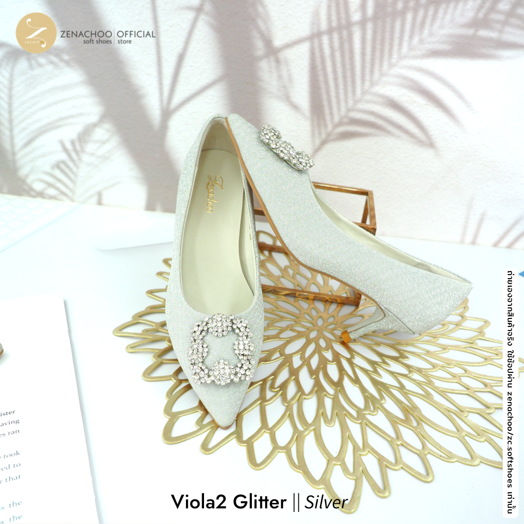 ทรงปกติ เปลี่ยนไซส์ได้-ไม่รับคืน ทรงขายดี Zenachoo Viola2 Glitter สูง 2 นิ้ว ผ้า Glitter ซับหนังแกะแท้ ทรงสวยไม่บีบเท้า