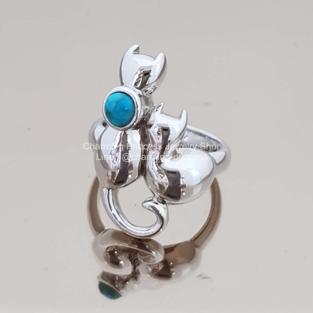แหวนหินนําโชค รูปแมว เงินแท้ 925 เทอร์ควอยซ์ สีฟ้าจาก อเมริกา Turquoise ทรงรูปกลม 5 มม Turquoise Cat Design Ring 925 Sterling Silver