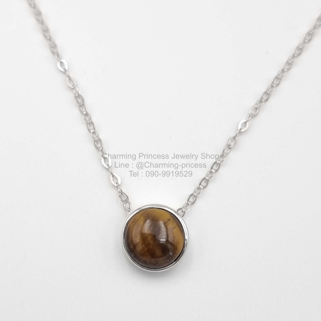 สร้อยคอ จี้เงินแท้ไทเกอร์อาย รูปทรงกลม ขนาด 10 มม หรือ 1 ซม Tiger Eye Round Sterling SIlver Pendant/Necklace
