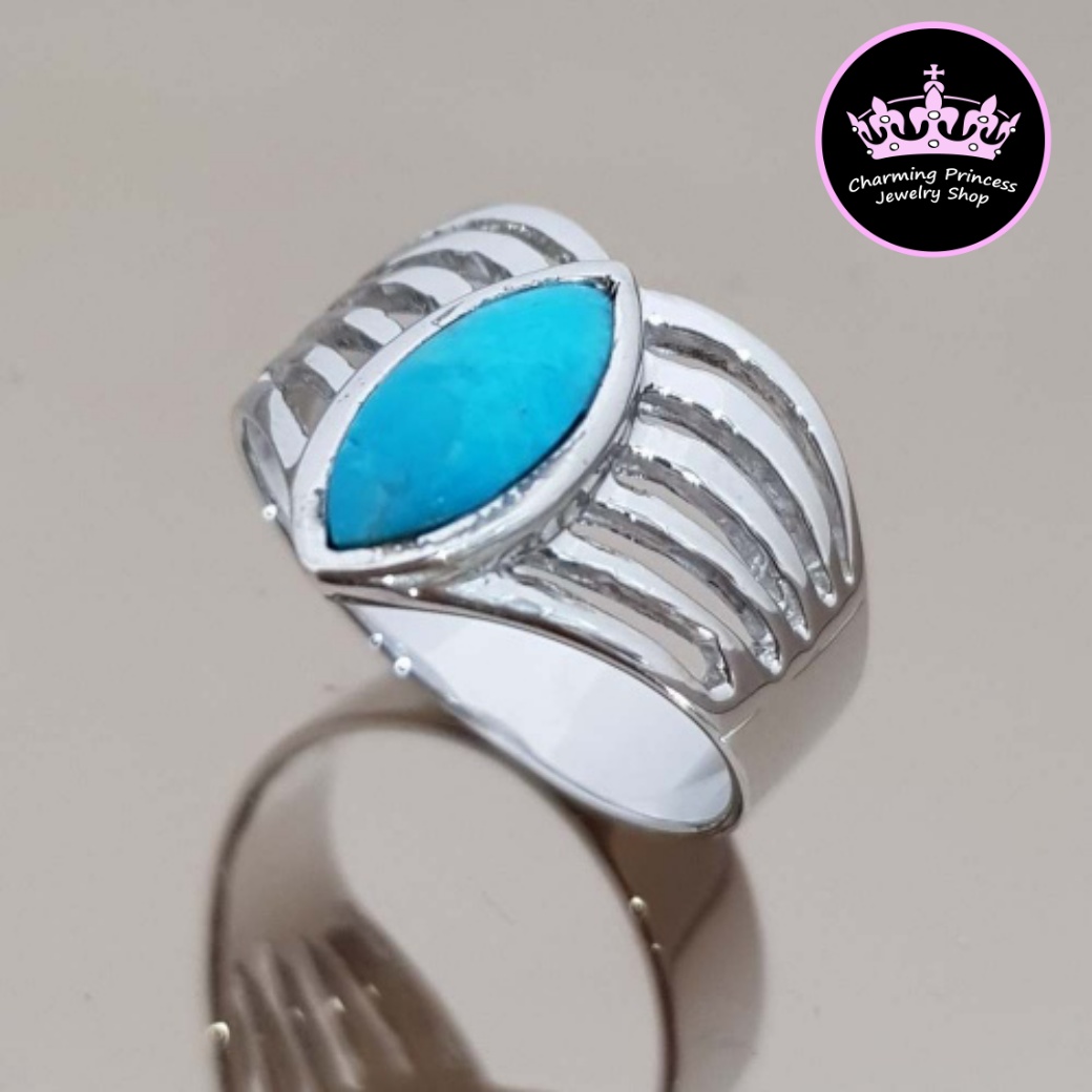 แหวนหินนําโชค เงินแท้ แบบเท่ห์ๆ นิ้วเรียวสวย 925 เทอร์ควอยซ์ สีฟ้าจาก อเมริกา Turquoise เทอร์ควอยซ์ สีฟ้า MQ 12x6 mm พลอยขนาด มาร์คี 12x6 มม Turquoise Geomatric Design Ring 925 Sterling Silver