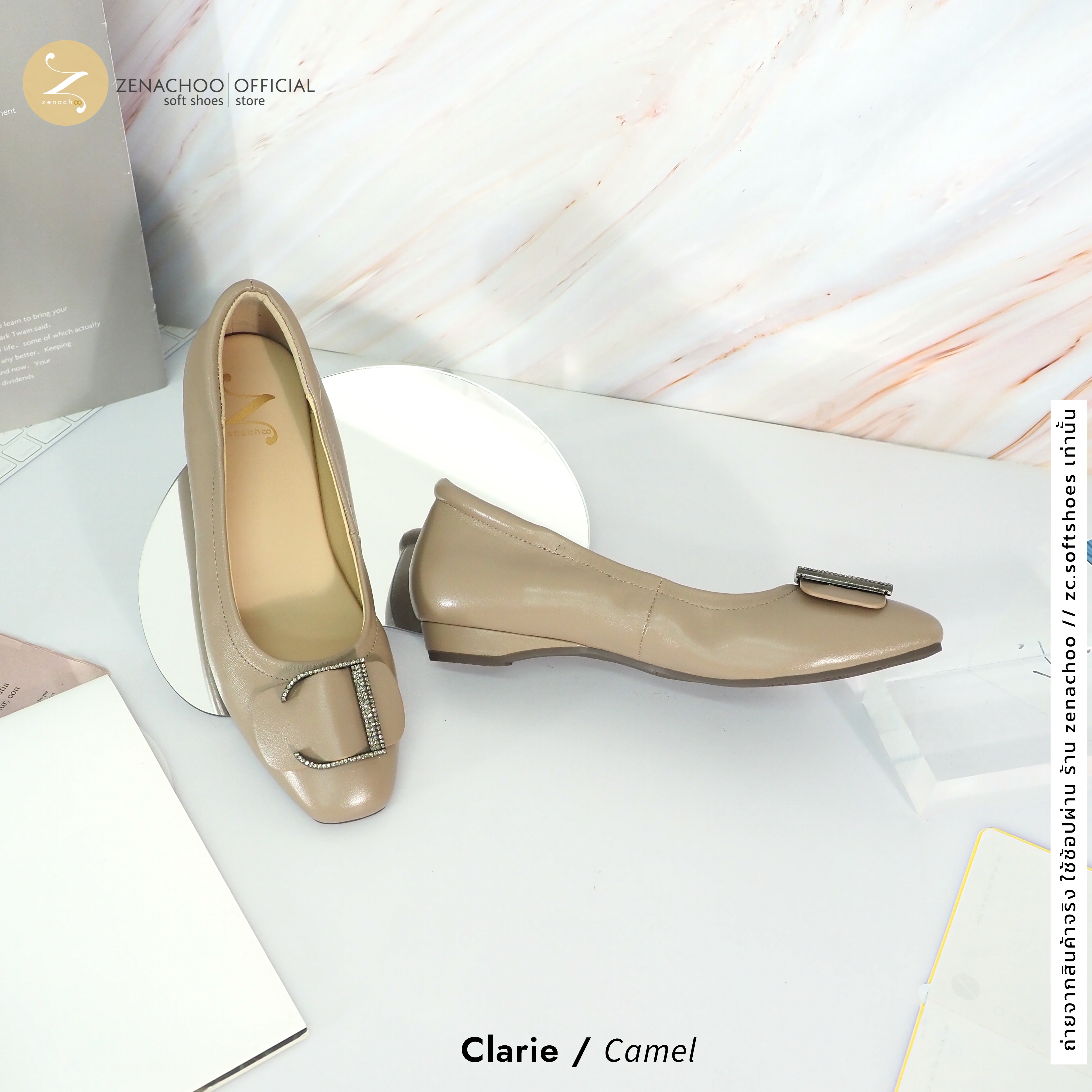 ทรงใหญ่ ลด 1 ไซส์ เปลี่ยนไซส์ได้-ไม่รับคืน Zenachoo รุ่น Claire สูง 1 นิ้ว รองเท้าหนังแกะแท้ หนังนิ่ม พื้นนุ่ม