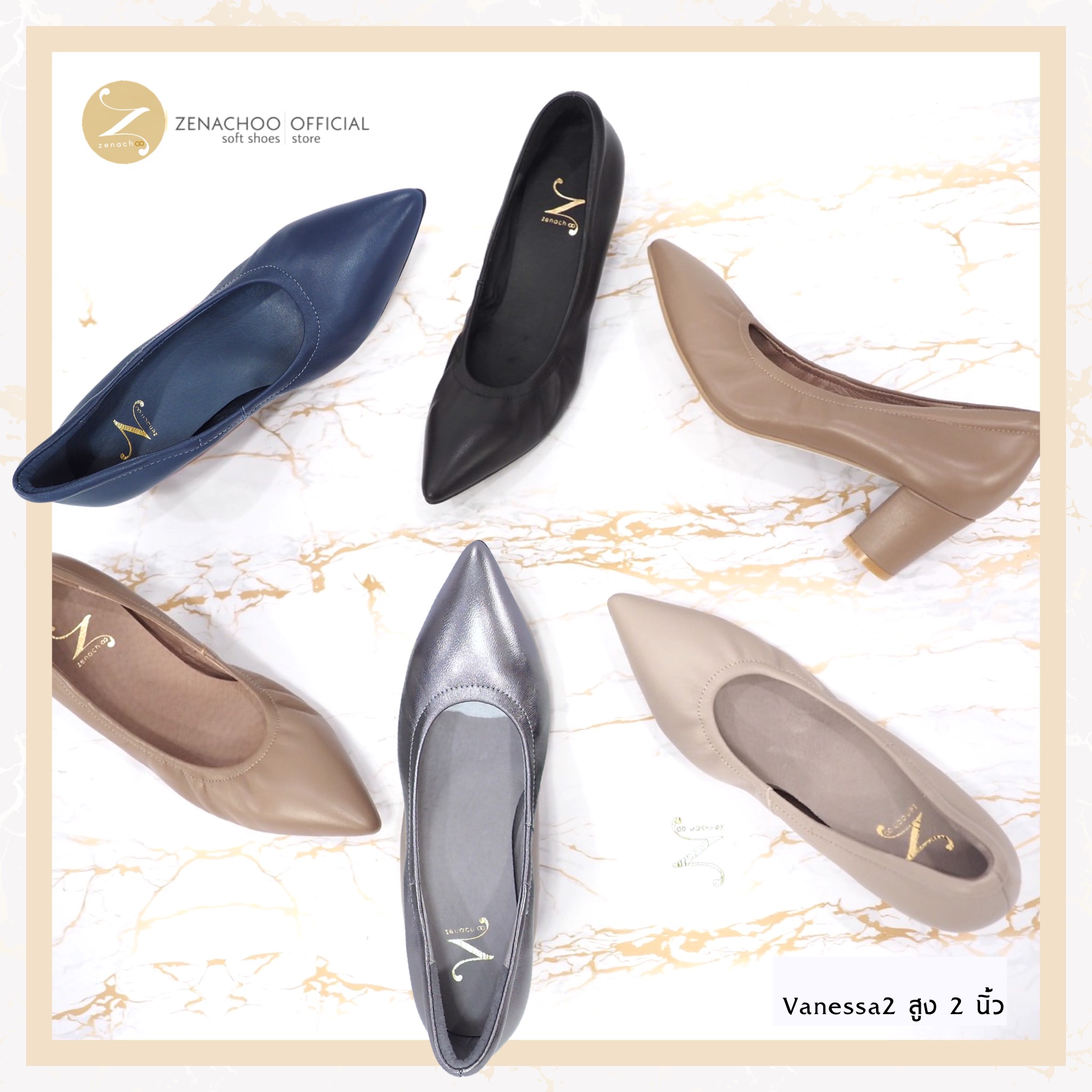 ทรงปกติ เปลี่ยนไซส์ได้-ไม่รับคืน Zenachoo Vanessa2 สี BLack สูง 2 นิ้ว รองเท้าหนังแกะนิ่ม หัวแหลมทรงสวย