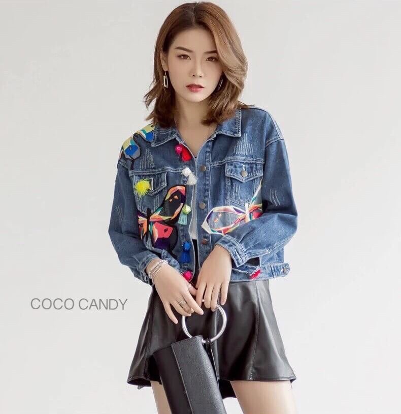 Butterfly Mosaic Embroidery Denim Jacket แจ็คเก็ตยีนส์ปักลายผีเสื้อลายปักใช้สีสลับสวยมากๆ