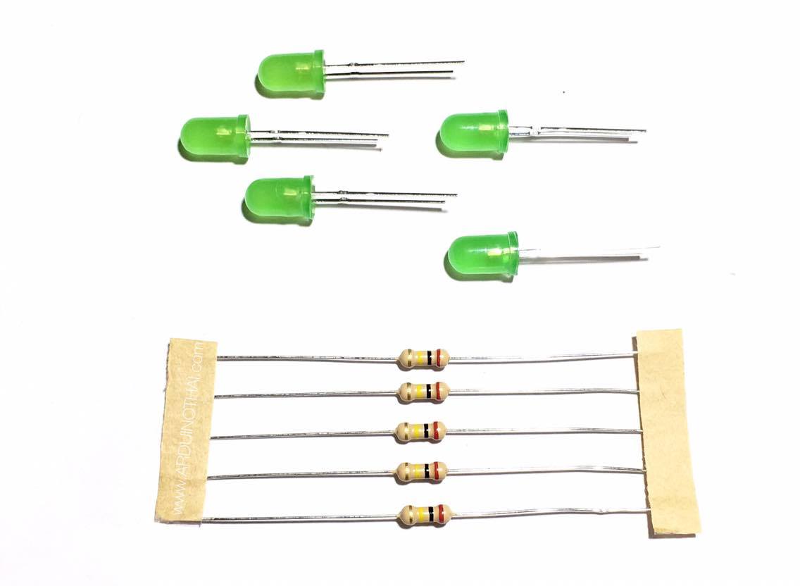 LED ขนาด 5mm สีเขียว พร้อมตัวต้านทานจำนวน 5 ชุด