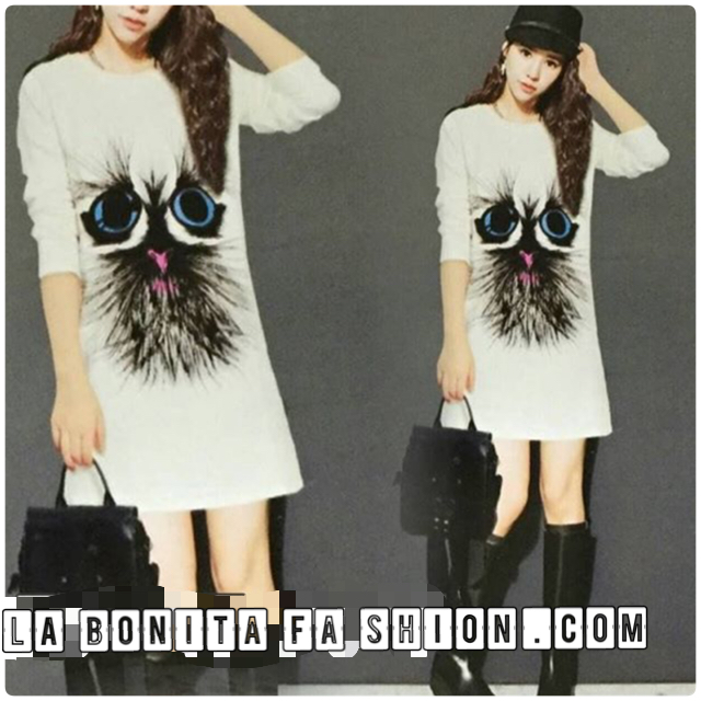 CAT (cat) เดรสเกาหลีลายแมวเหมียว ผ้ายืดคอตตอนเนื้อหนานุ่ม ดีไซน์น่ารัก