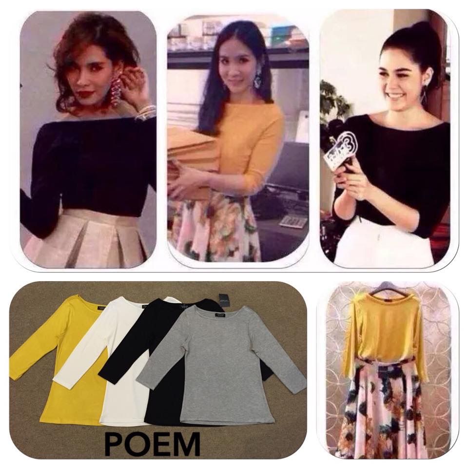 Poemtopเสื้อคอปาดแบรนด์ตามรูปผ้าspandex แบบคุณพลอยคุณชมพู่และคุณแนนใส่