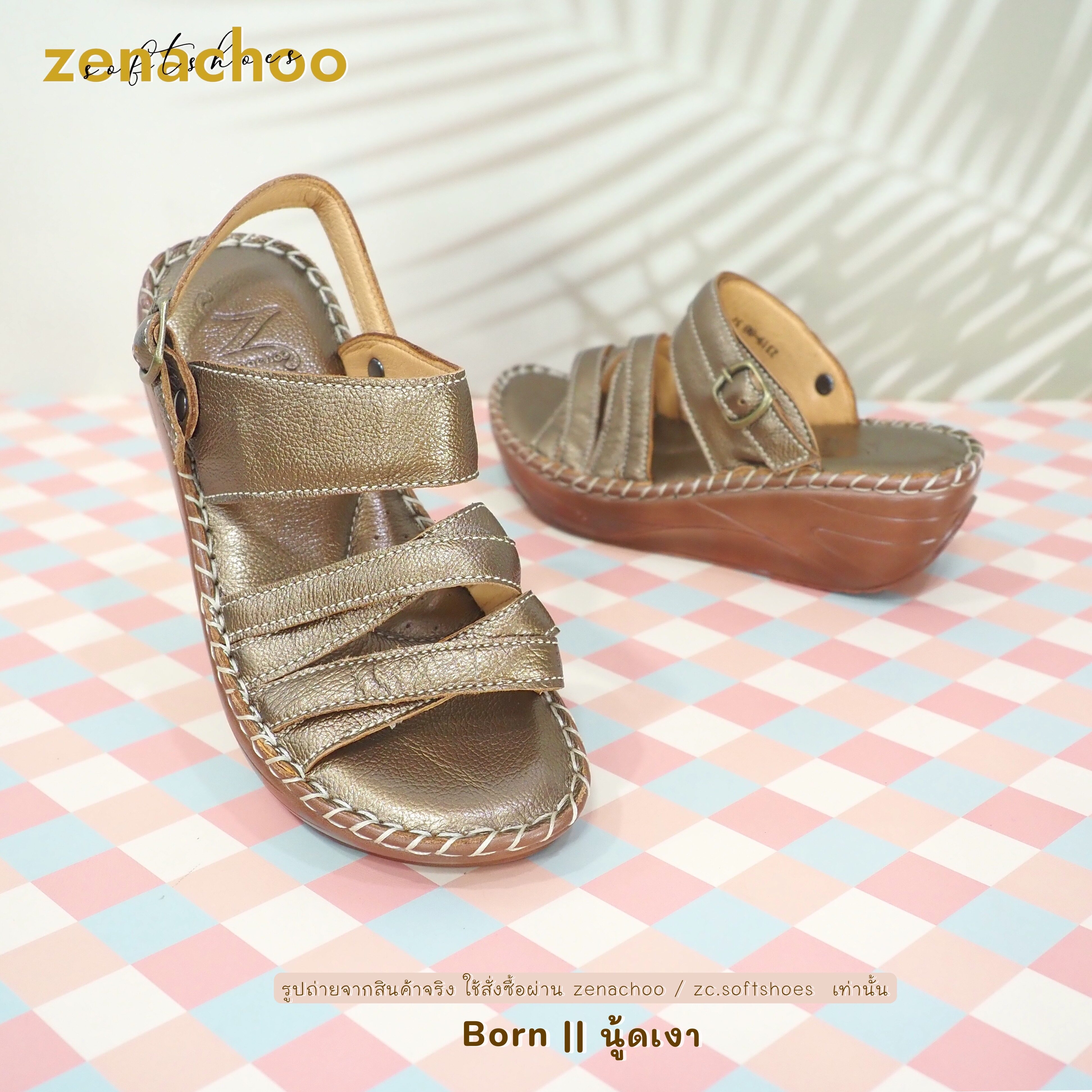 ทรงปกติ เปลี่ยนไซส์ได้ ไม่รับคืน Zenachoo รองเท้าสุขภาพ หนังแท้ทั้งคู่ รุ่น Born สูง 2 นิ้ว ปรับสายได้ รับประกันความนุ่มสบาย