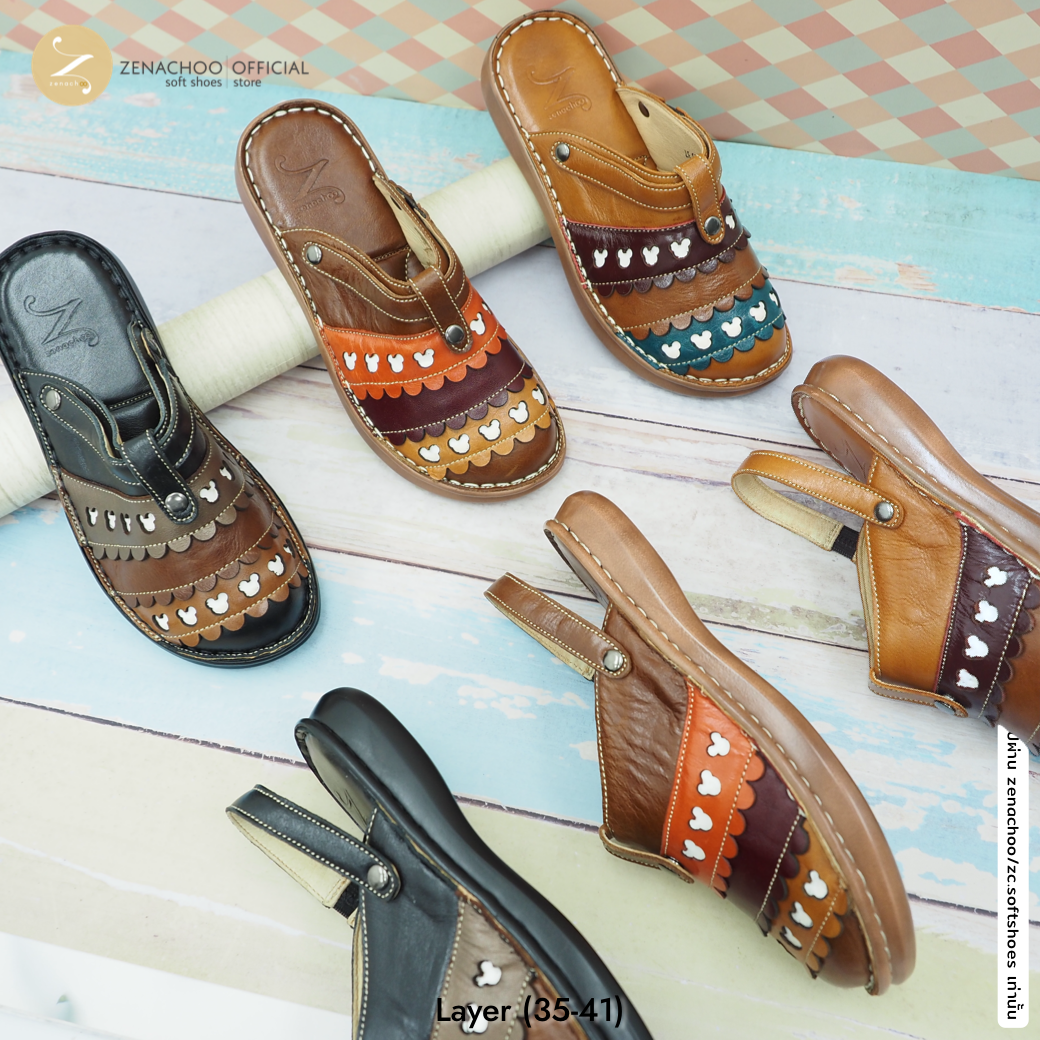 ทรงปกติ เปลี่ยนไซส์ได้-ไม่รับคืน Zenachoo รุ่น Layer สูง 1 นิ้ว รองเท้าสุขภาพหนังแท้ หนังนิ่ม พื้นนุ่ม