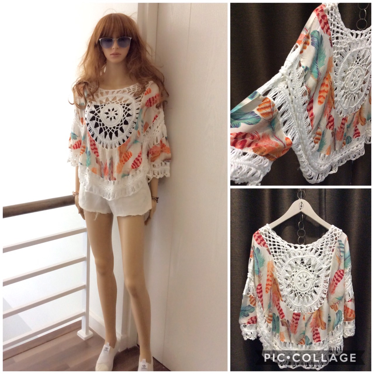 เสื้อโบฮีเมียน เสื้อถักตัดต่อผ้าปริ้นลายขนนกสีสดใส ทรงน่ารักมาก