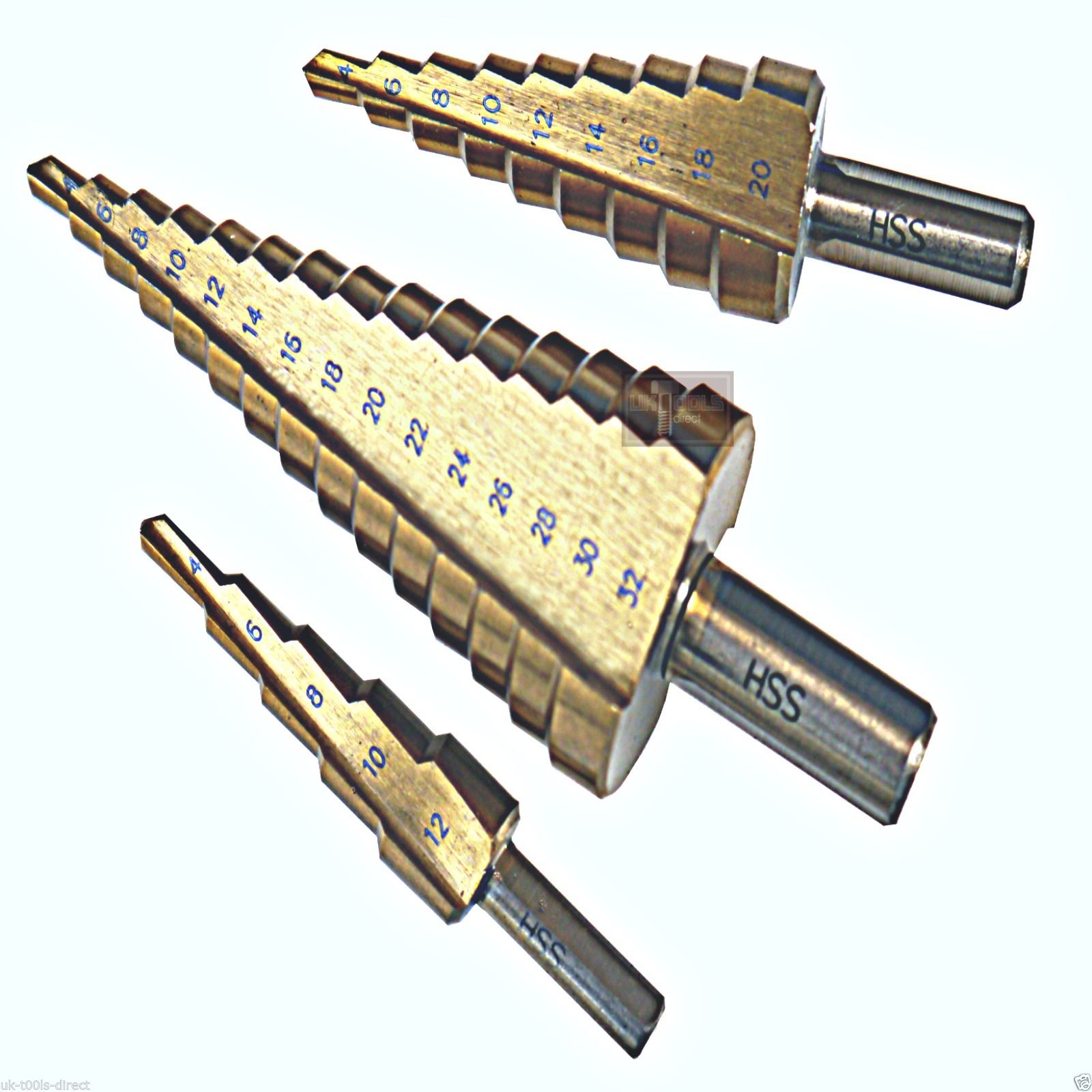 ST02 ดอกสว่านทรงเจดีย์ ดอกเจาะคว้านรู,Step Drill,ชุบไทเทเนียม ยกชุด 3 ดอก 5/9/15 Step เบอร์มิล ใหญ่สุด 32 mm * แกนกลมกันลื่น*