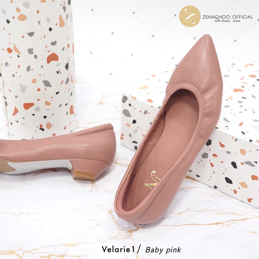 ทรงปกติ:เปลี่ยนไซส์ได้-ไม่รับคืน::Zenachoo รุ่นขายดี Velarie1 สูง 1นิ้ว สี Baby Pink รองเท้าหัวแหลมหนังแกะแท้