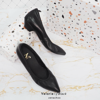 ทรงปกติ เปลี่ยนไซส์ได้-ไม่รับคืน Zenachoo รุ่นขายดี Velarie1 สูง 1นิ้ว สี Black รองเท้าหัวแหลมหนังแกะแท้