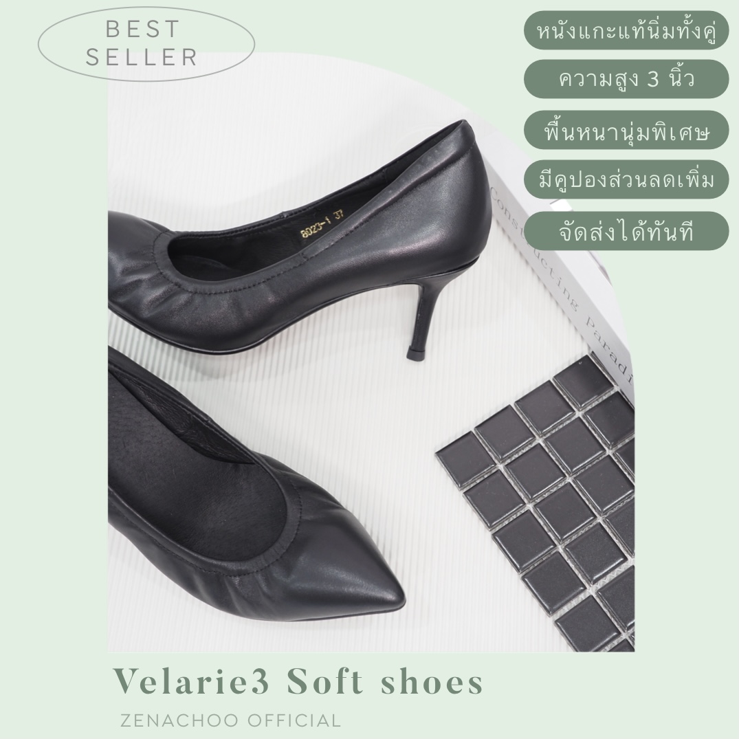 ทรงปกติ เปลี่ยนไซส์ได้-ไม่รับคืน::Zenachoo Velarie3 สูง 3 นิ้ว Black รองเท้าหนังแกะแท้ ใส่สวยมาก รองเท้าส้นเข็ม หัวแหลม