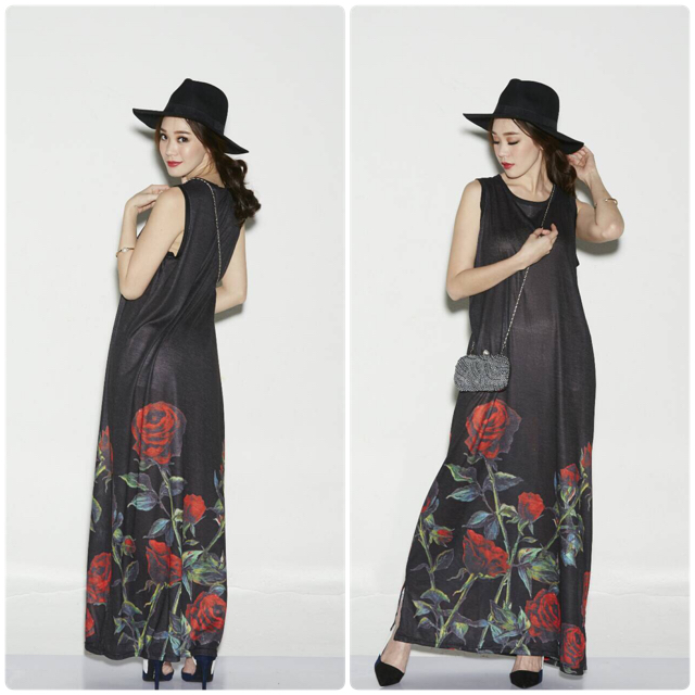 เดรสยาวแขนกุด ผ้าปริ้นลายดอกกุหลาบสีแดง ผ้าเบาใส่สบายไม่ร้อนค่ะ