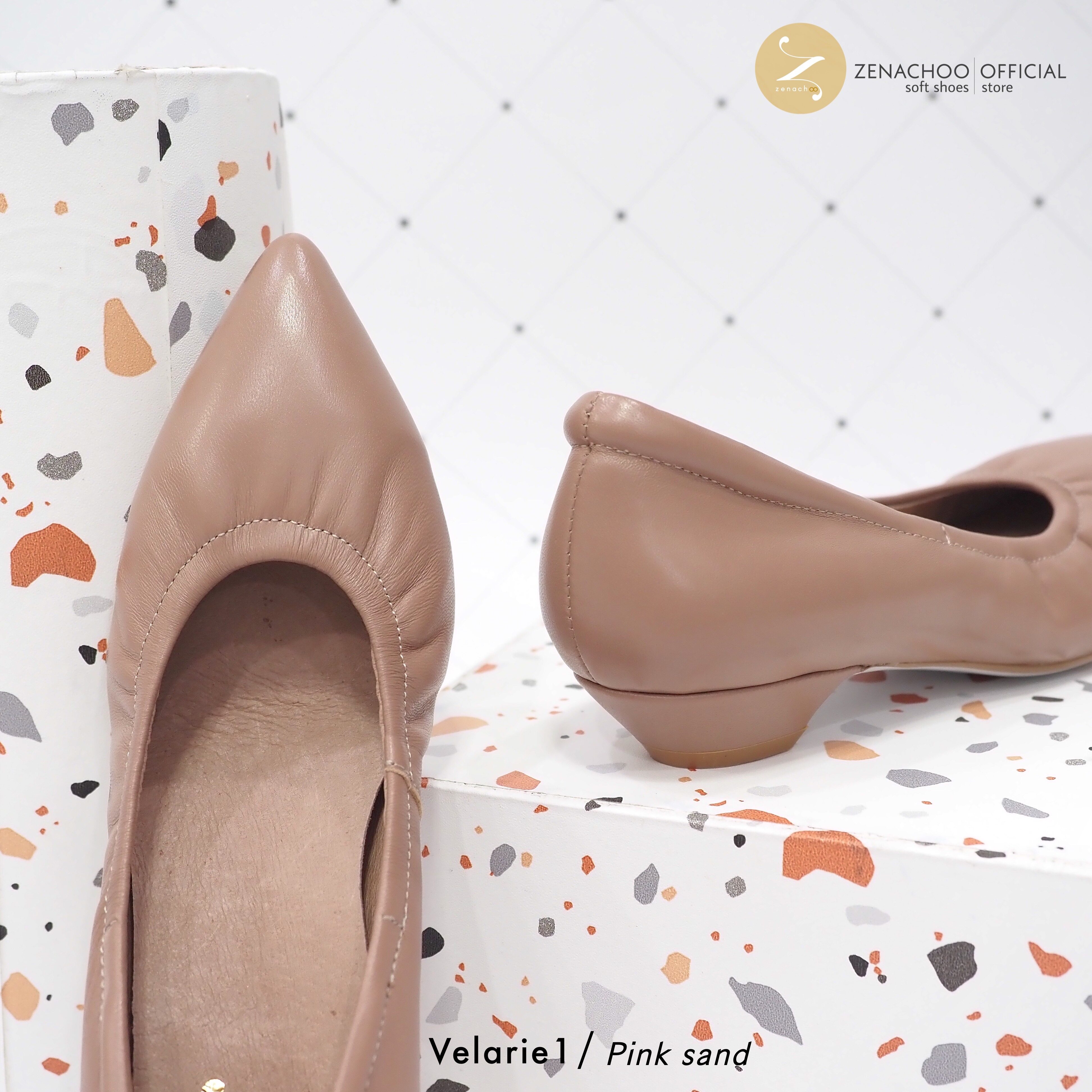 ทรงปกติ เปลี่ยนไซส์ได้ ไม่รับคืน Zenachoo รุ่นขายดี Velarie1 สูง 1นิ้ว สี Pink sand รองเท้าหัวแหลมหนังแกะแท้
