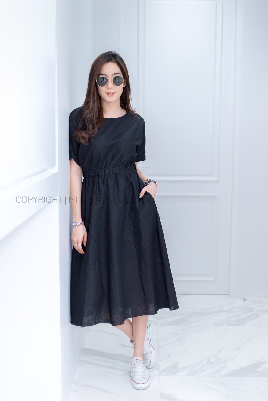 เดรสเกาหลี ชัดเดรสีดำแบบสุภาพ ความยาวคลุมเข่า