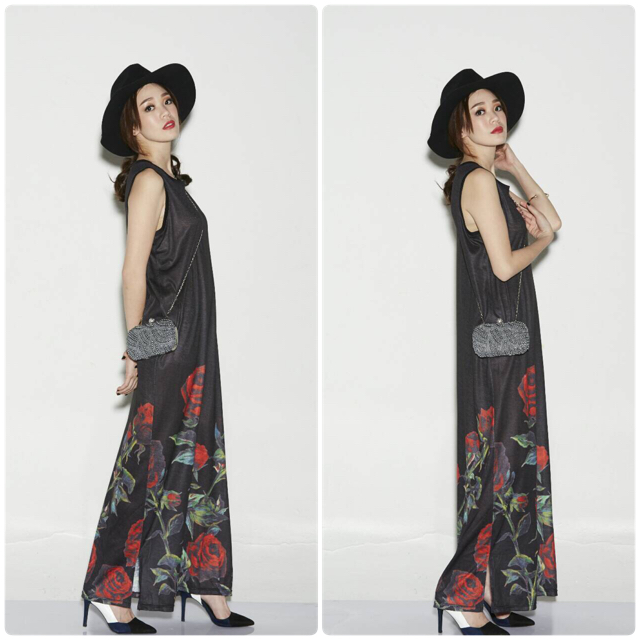 เดรสยาวแขนกุด ผ้าปริ้นลายดอกกุหลาบสีแดง ผ้าเบาใส่สบายไม่ร้อนค่ะ