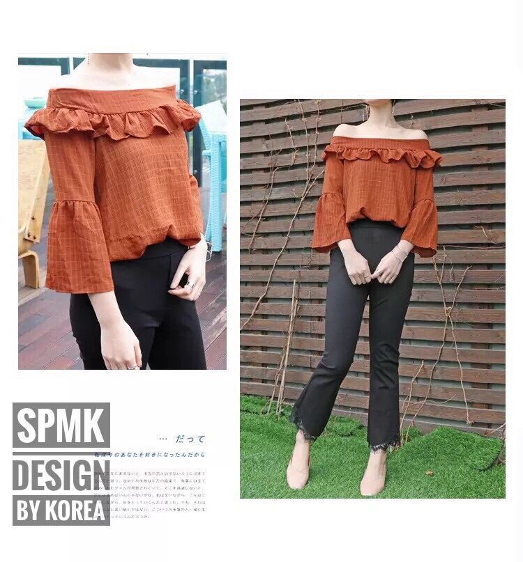 BRAND: SPMK เสื้อเกาหลีทรงน่ารัก เปิดไหล่คอระบาย เนื้อผ้าพริ้วใส่สบายไม่อึดอัด มีลายในตัว ช่วงไหล่ขยายได้ด้านหลังจับสม๊อก ผ้าดี เนื้อนุ่ม