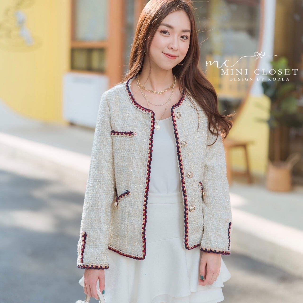 เสื้อทวิตแขนยาวสีครีม เสื้อคลุมสวยๆสไตล์เกาหลี