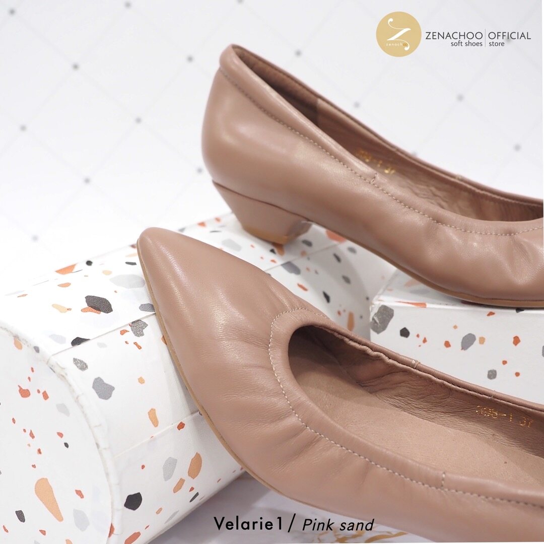 ทรงปกติ เปลี่ยนไซส์ได้-ไม่รับคืน Zenachoo รุ่นขายดี Velarie1 สูง 1นิ้ว สี Pink sand รองเท้าหัวแหลมหนังแกะแท้