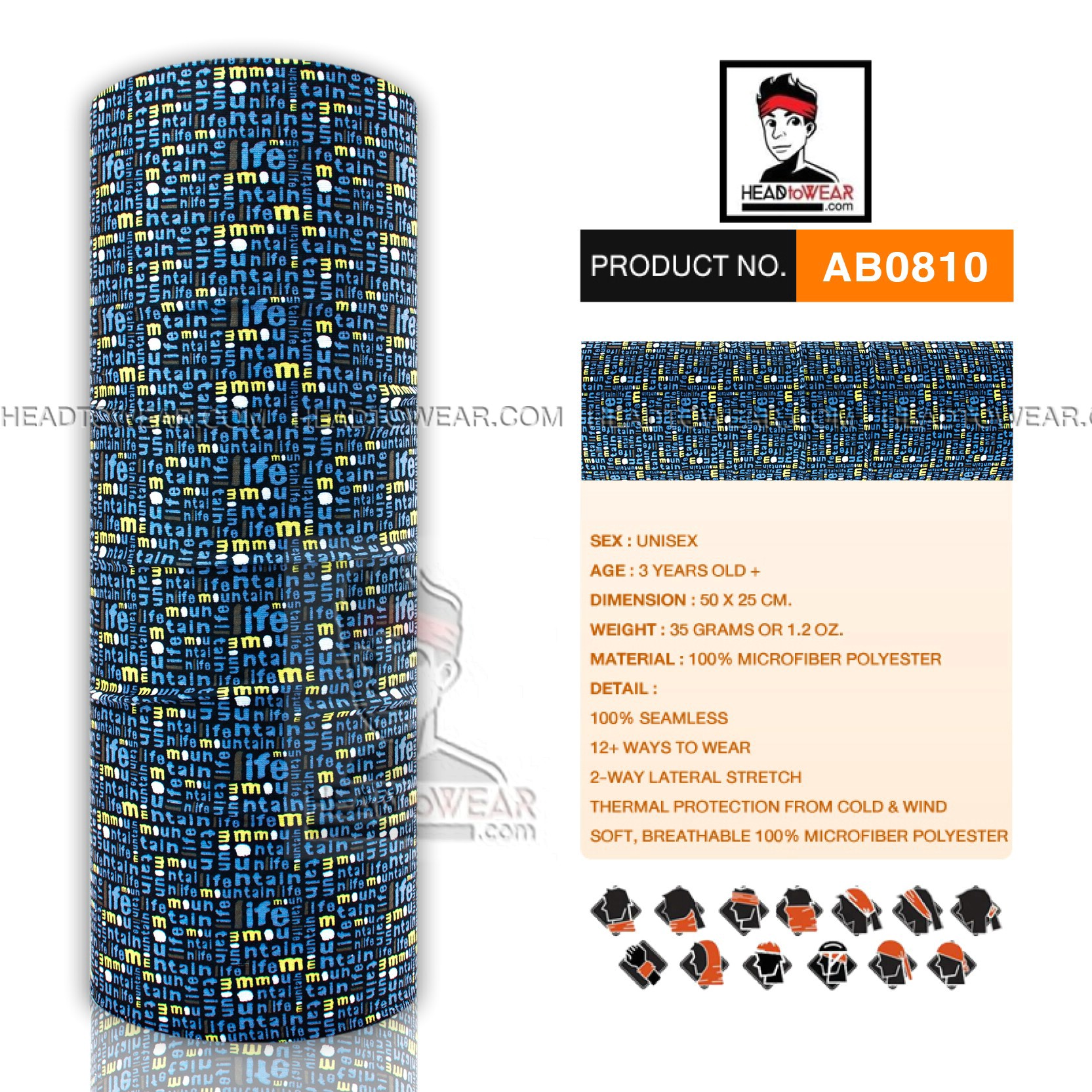 ผ้าบัฟ ผ้าโพกหัว ผ้าคาดผม HeadToWear ลายตัวอักษรภาษาอังกฤษโทนดำ รหัส AB0810