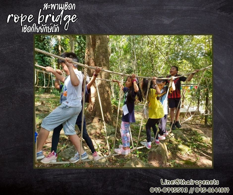 สะพานเชือกใยยักษ์ เส้นเชือกขอบหนา 20 มิล รับน้ำหนักไม่ต่ำกว่า 1,000 กก.ปล่อยปลายเชือก นำไปผูกใช้งานได้ทันที