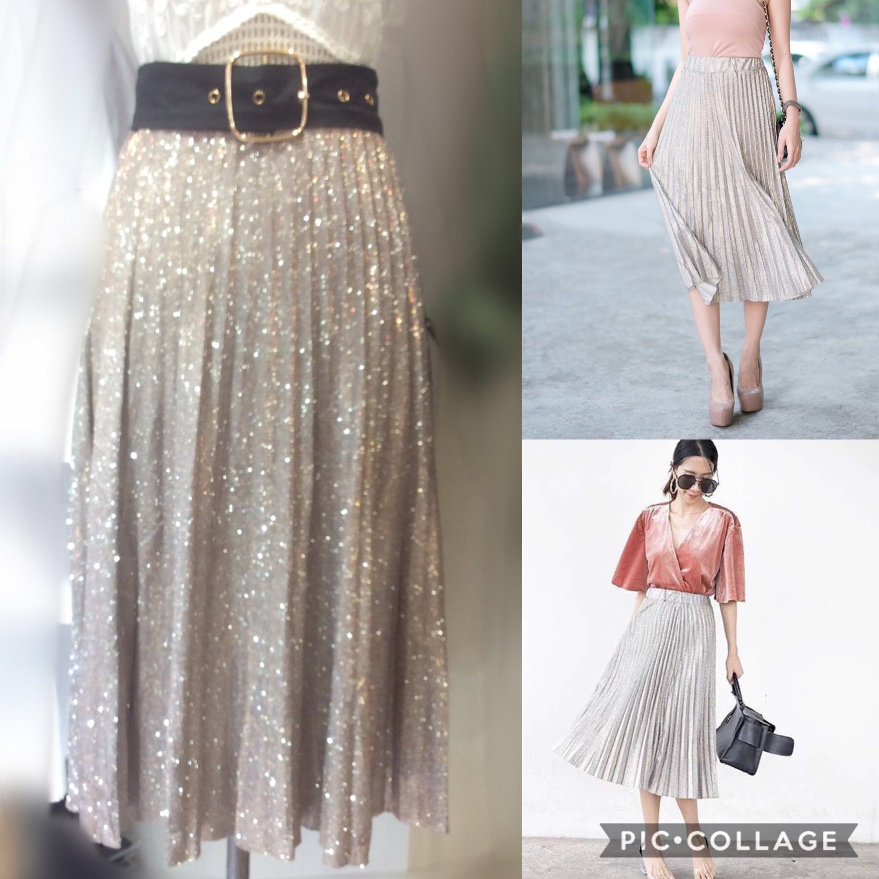 ส่งฟรี!! กระโปรงอัดพลีทผ้ากลิตเตอร์ เลื่อมๆวิ้งๆ