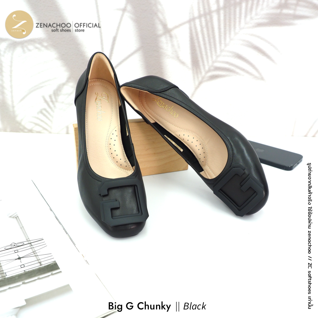 ทรงปกติ เปลี่ยนไซส์ได้-ไม่รับคืน พื้นยางนิ่ม เพื่อสุขภาพ Zenachoo Big G Chunky สูง 2 นิ้ว รองเท้าหนังแกะแท้ ใส่สบายมาก