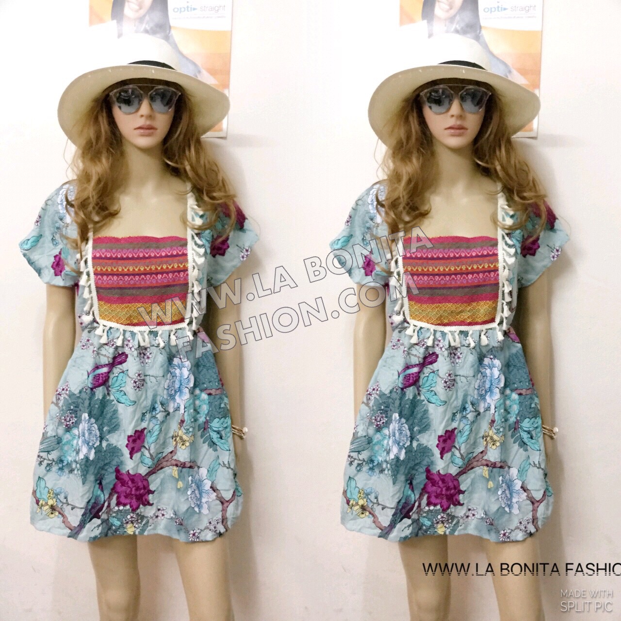 เดรสสั้นทรงสวยน่ารักสไตล์โบฮีเมียนช่วงอกตัดต่อด้วยผ้าลายชนเผ่า