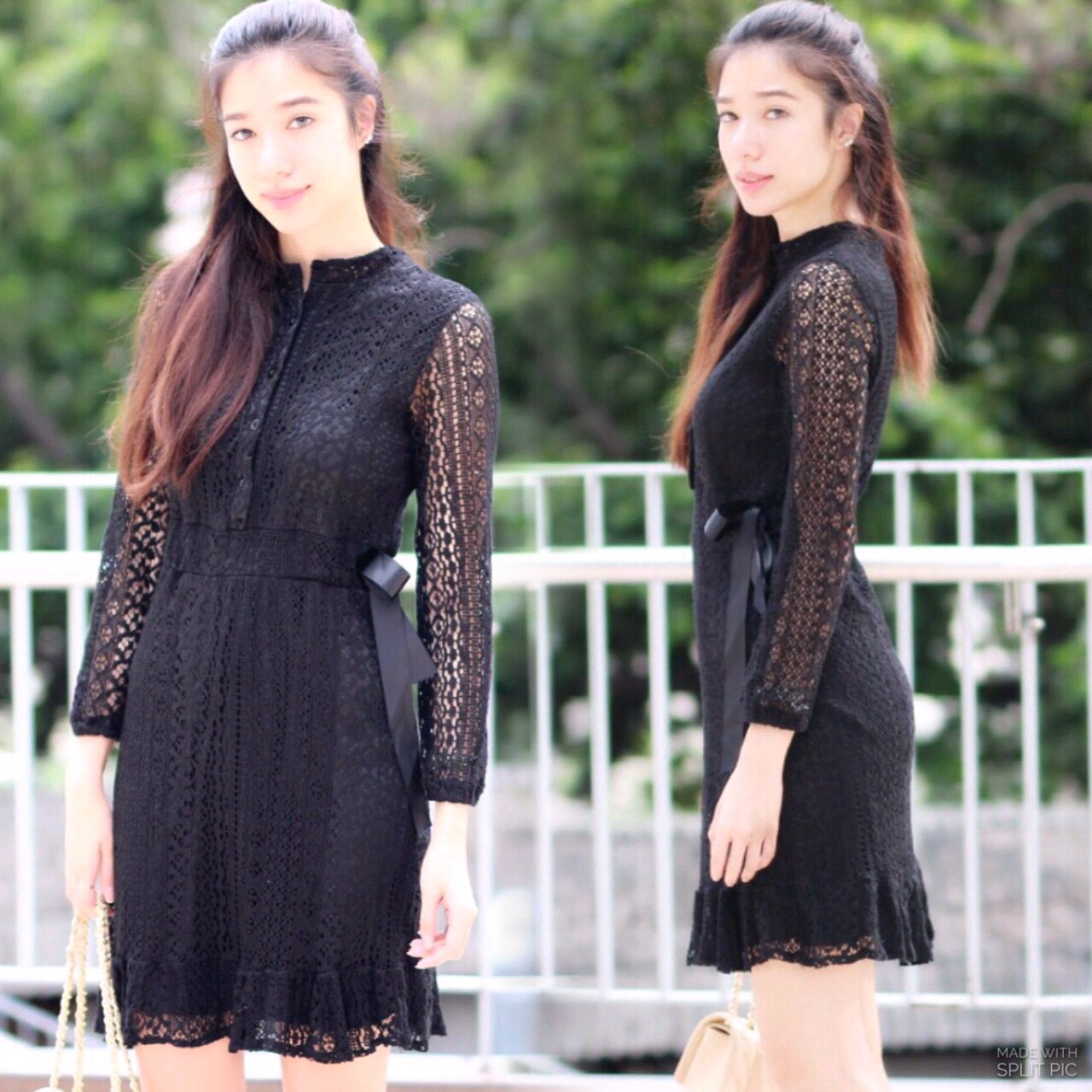 เดรสลูกไม้สีดำแขนซีทรู