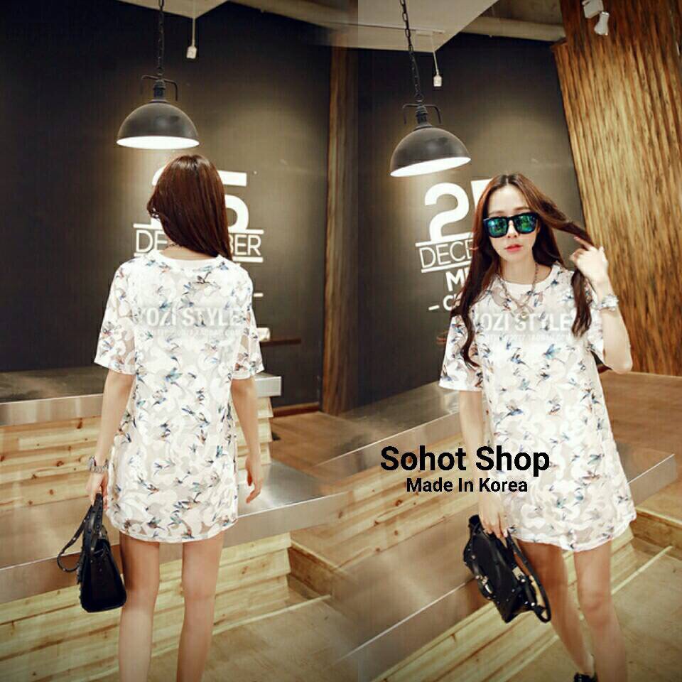 !!!Best - Sellerเดรสผ้าลูกไม้ตาข่ายเนื้อผ้านิ่ม ลายนก สไตล์ Zara มาพร้อมเสื้อกล้ามซับในเนื้อดีผ้านุ่มลื่นยืดหยุ่นได้เยอะ