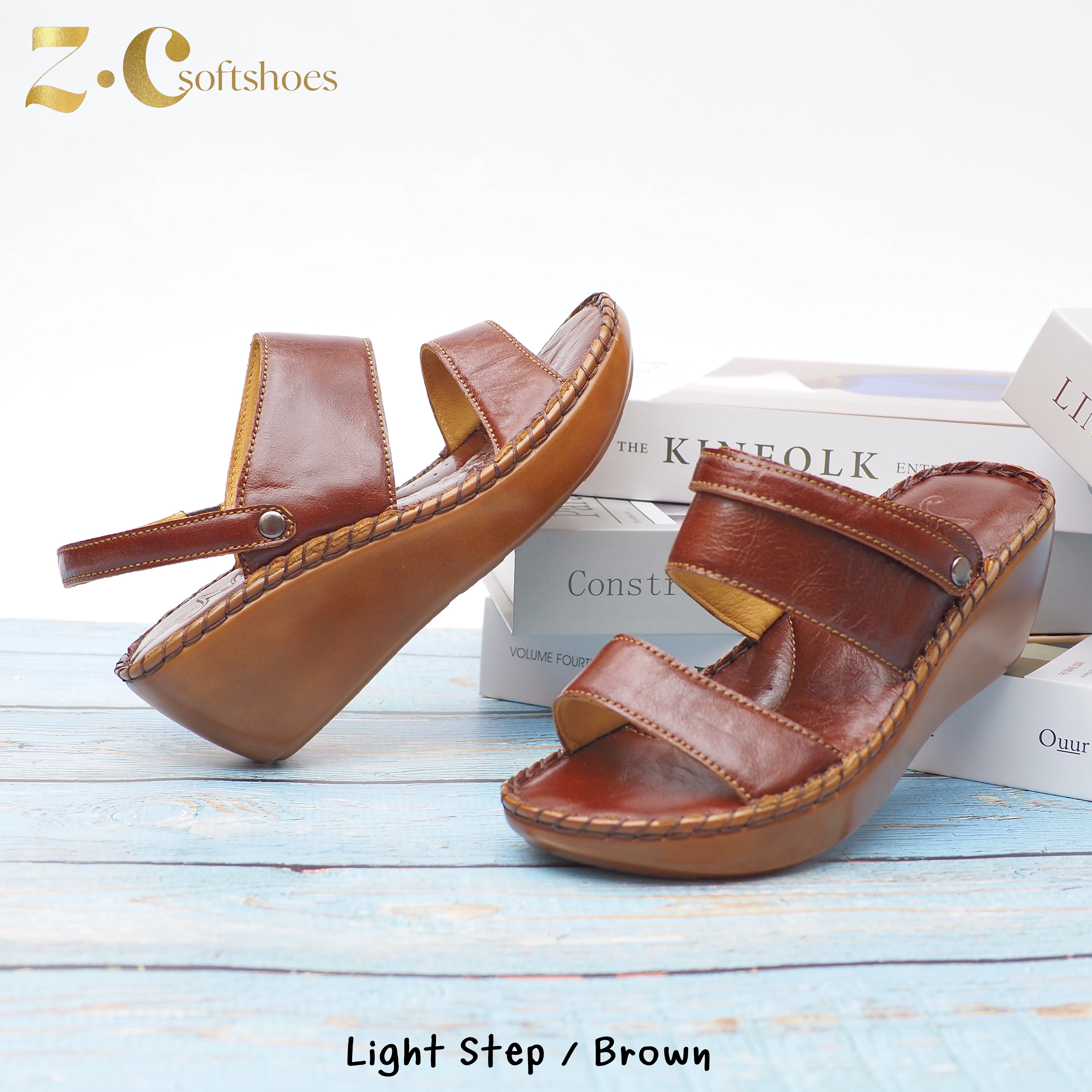 ทรงปกติ เปลี่ยนไซส์ได้ ไม่รับคืน Zenachoo รองเท้าสุขภาพ หนังแท้ทั้งคู่ รุ่น Light step สูง 2 นิ้วครึ่ง ปรับสายได้ รับประกันความนุ่มสบาย