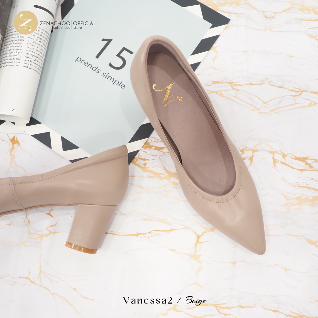 ทรงปกติ เปลี่ยนไซส์ได้-ไม่รับคืน Zenachoo Vanessa2 สี Beige สูง 2 นิ้ว รองเท้าหนังแกะนิ่ม หัวแหลมทรงสวย