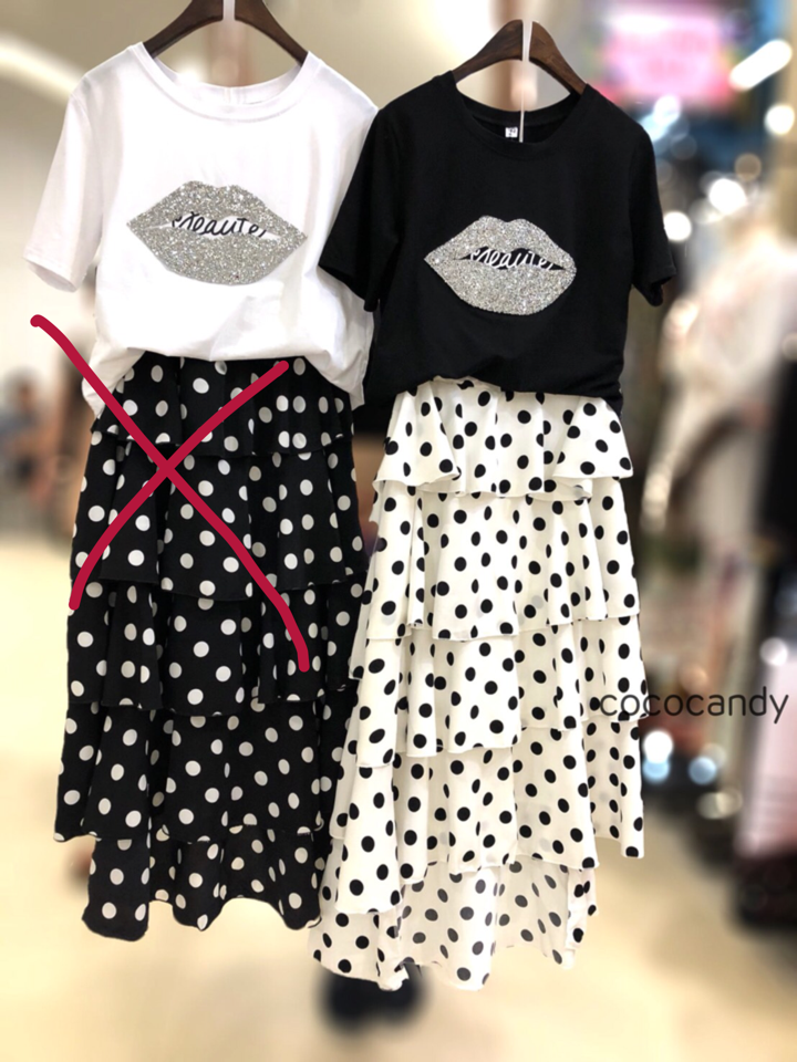 ชุดเซ็ทเสื้อยืดกระโปรงลายจุดสไตล์เกาหลี