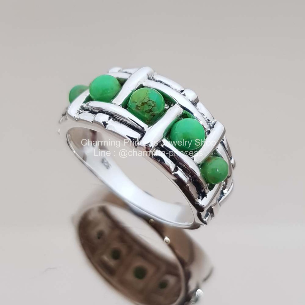 แหวนหินนําโชค เงินแท้ 925 เทอร์ควอยซ์ สีเขียว Turquoise เทอร์ควอยซ์ Turquoise เทอร์ควอยซ์ สีเขียว Green Turquoise 5 Stones Band Design Design Ring 925 Sterling Silver