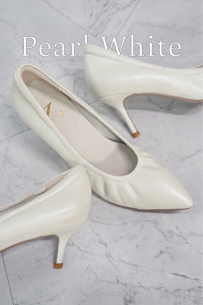 ทรงปกติ เปลี่ยนไซส์ได้ ไม่รับคืน รุ่นขายดี Zenachoo Velarie2 สูง 2 นิ้ว สี Pearl White หนังแกะแท้ หัวแหลมหน้ากว้าง