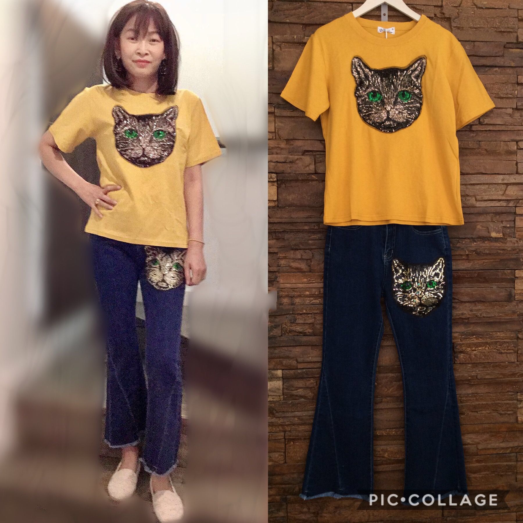 ชุดเซ็ท2ชิ้น ชุดเสื้อยืดกางเกงยีนสลายหน้าแมว