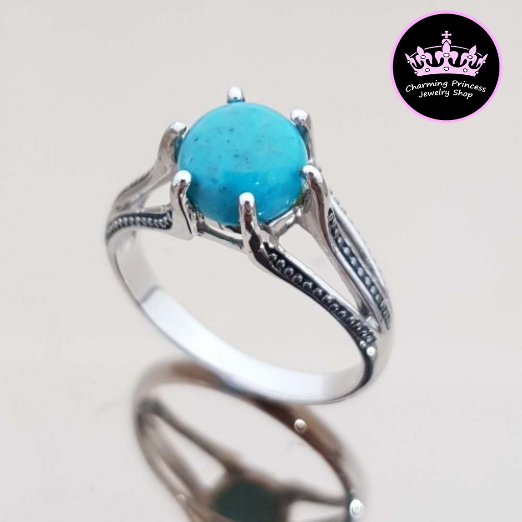 แหวนหินนําโชค เงินแท้ 925 เทอร์ควอยซ์ สีฟ้าจาก อเมริกา Turquoise ทรงรูปกลม 10 มม Turquoise Ring 925 Sterling Silver