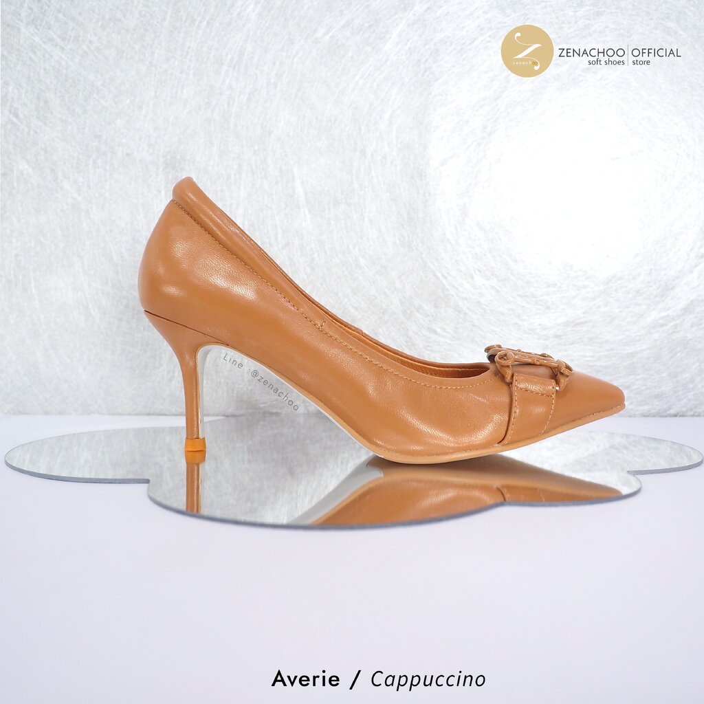 ทรงปกติ เปลี่ยนไซส์ได้-ไม่รับคืน Zenachoo รุ่น Averie สูง 3 นิ้วคัทชูหนังแกะแท้ หัวแหลมทรงสวยมาก