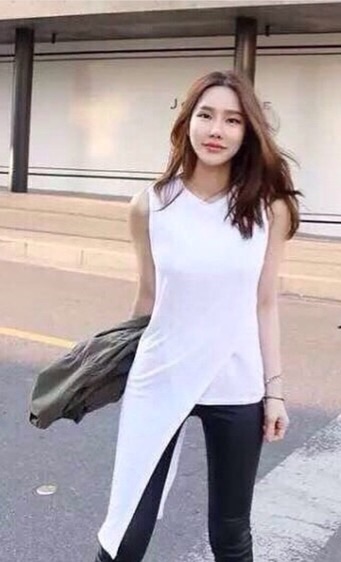 New!!เสื้อยืดสไตล์เกาหลี ชายเสื้อยาวเฉียงลงด้านข้าง