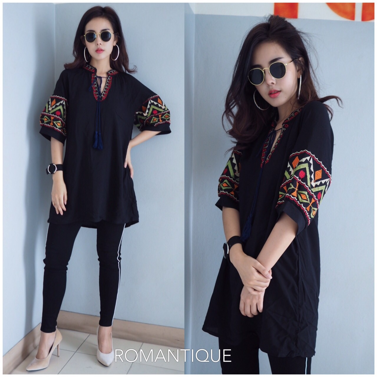 เสื้อสีดำ ตัวยาวสไตล์โบฮีเมียน คอวีผูกเชือก ช่วงแขนปักลวดลายสวยๆ