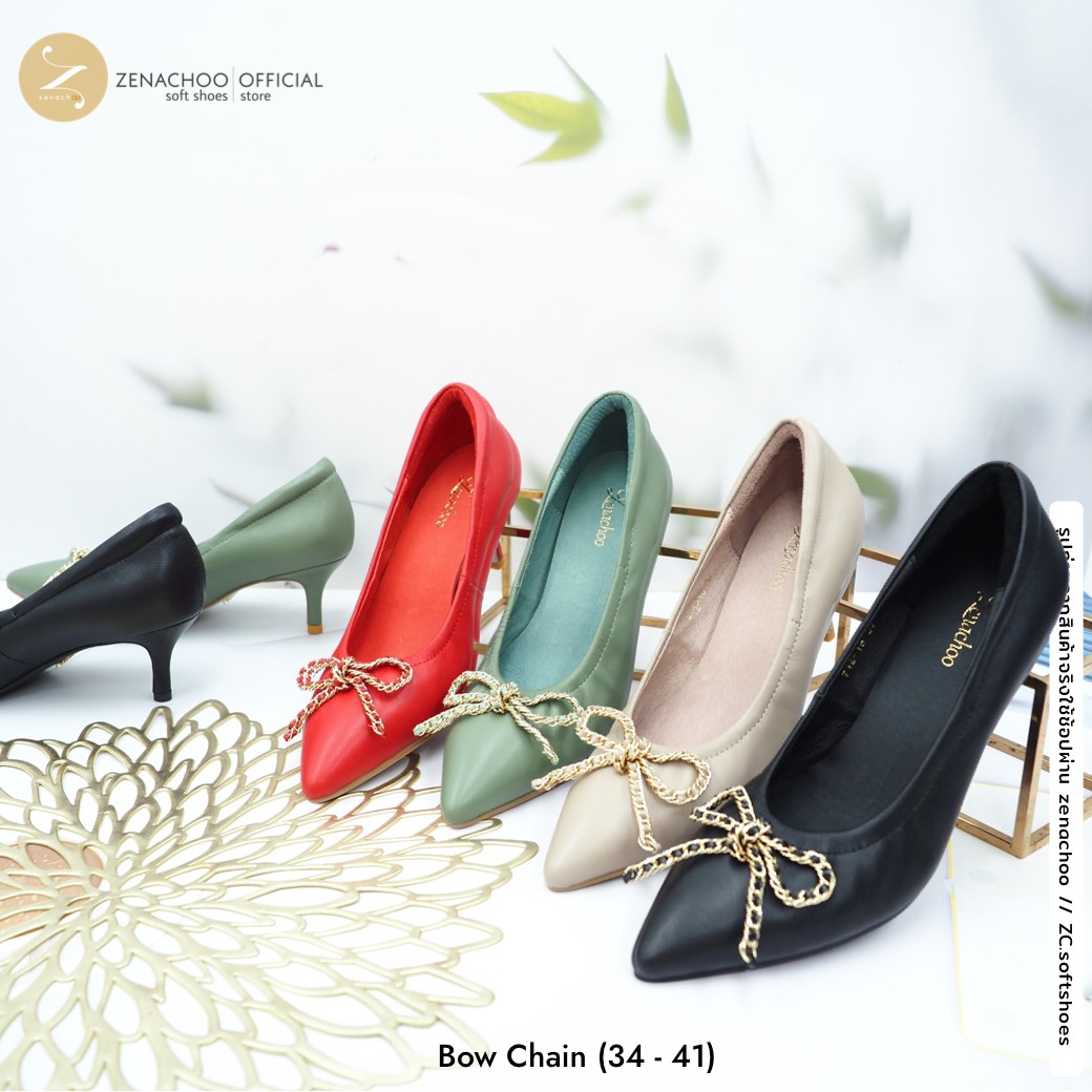 ทรงปกติ เปลี่ยนไซส์ได้-ไม่รับคืน ทรงที่ขายดีที่สุด Zenachoo รุ่น Bow Chain สูง 2 นิ้ว รองเท้าหนังแกะแท้ หนังนิ่ม พื้นนุ่ม