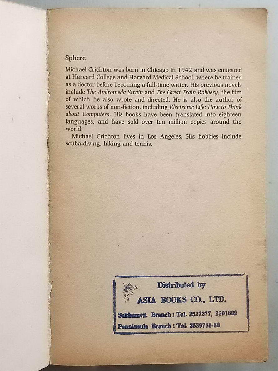 หนังสือมือสอง 100 นวนิยายภาษาอังกฤษเรื่อง THE SPHERE โดย MICHAEL CRICHTON จบในเล่มเดียว ความหนา 285 หน้า