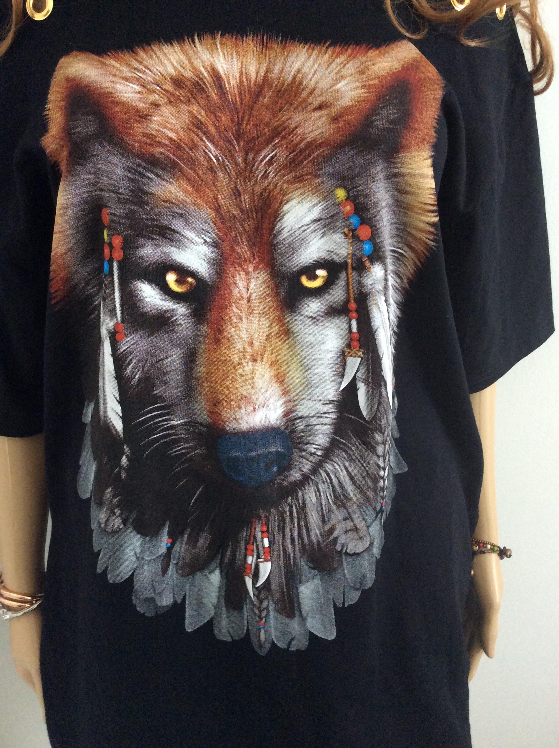 เสื้อร็อคเปิดไหล่สไตล์สาวเซ็กซี่ สกรีนลายสุนัขจิ้งจอกชนเผ่า